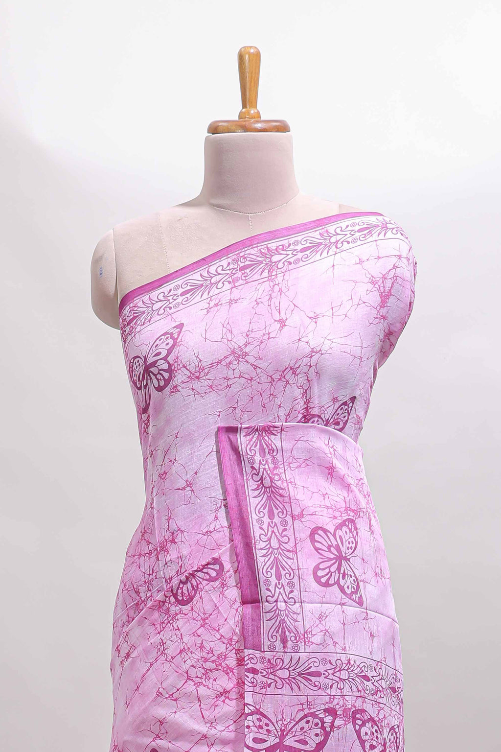 Pink butterfly motifs design mul mul cotton saree with self border and matching warli print blouse