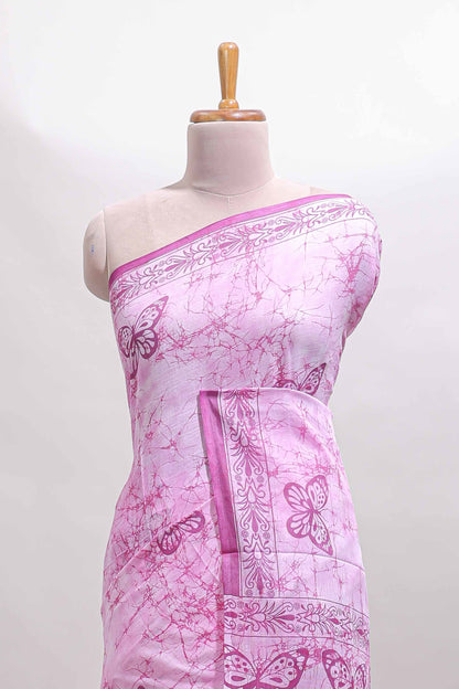 Pink butterfly motifs design mul mul cotton saree with self border and matching warli print blouse