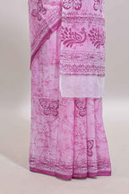 Pink butterfly motifs design mul mul cotton saree with self border and matching warli print blouse