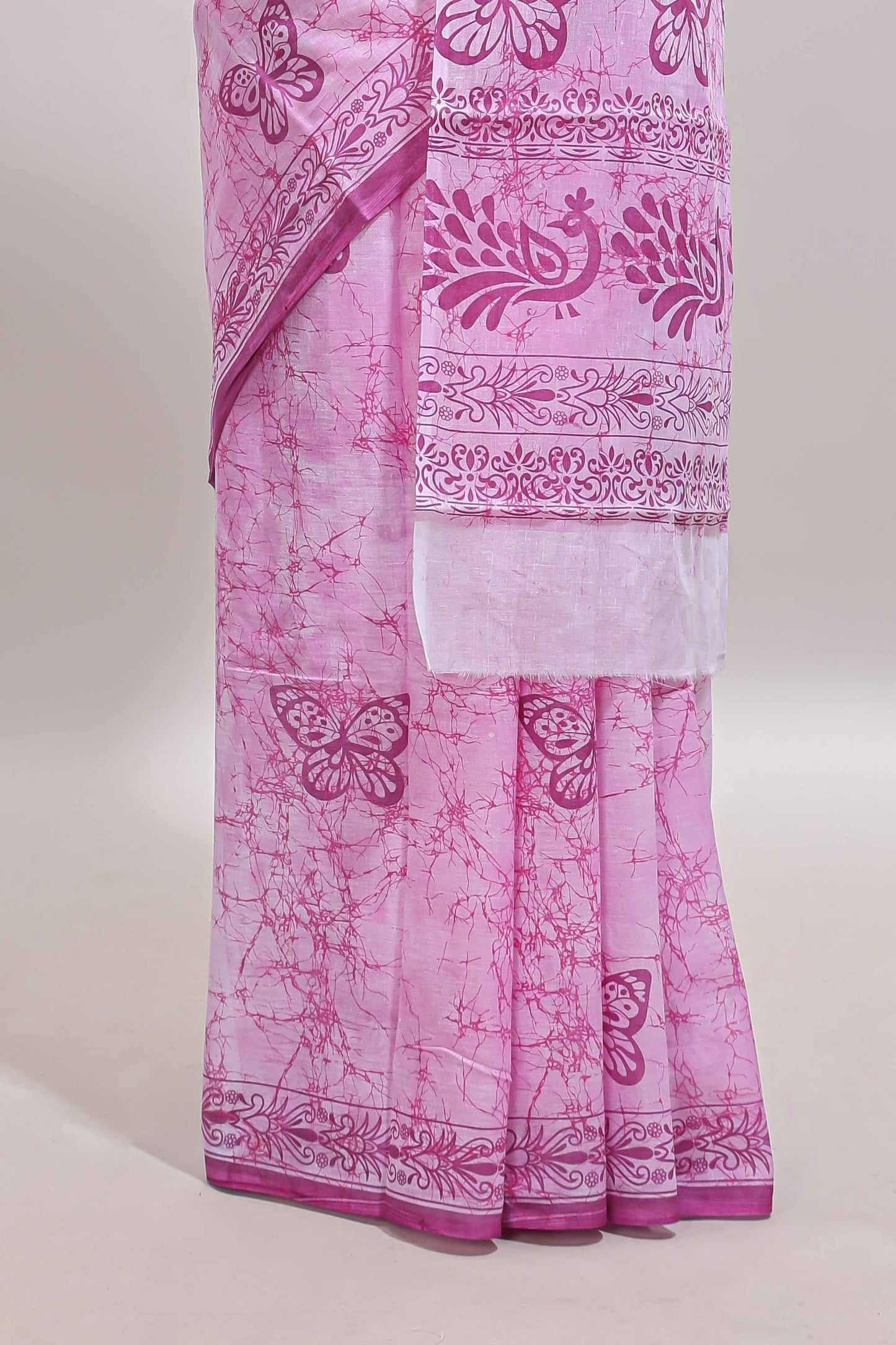 Pink butterfly motifs design mul mul cotton saree with self border and matching warli print blouse