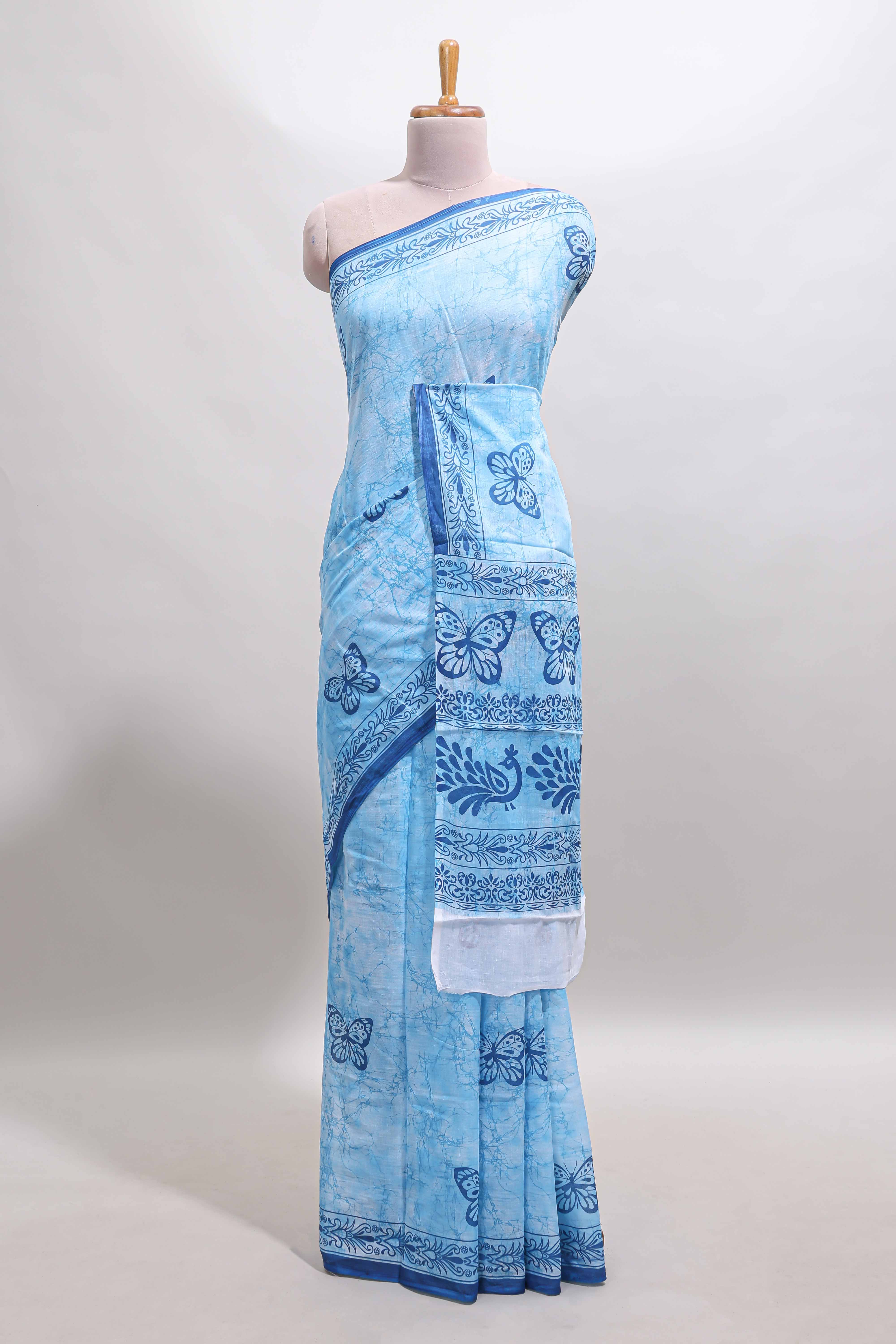 Blue butterfly motifs design mul mul cotton saree with self border and matching warli print blouse