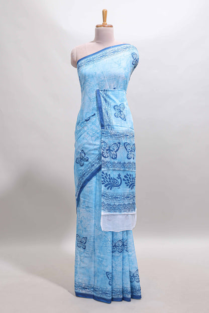 Blue butterfly motifs design mul mul cotton saree with self border and matching warli print blouse