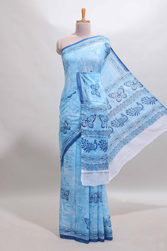Blue butterfly motifs design mul mul cotton saree with self border and matching warli print blouse