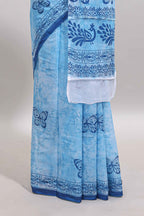 Blue butterfly motifs design mul mul cotton saree with self border and matching warli print blouse