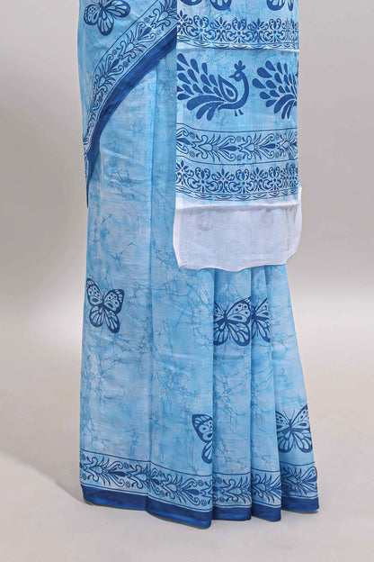 Blue butterfly motifs design mul mul cotton saree with self border and matching warli print blouse