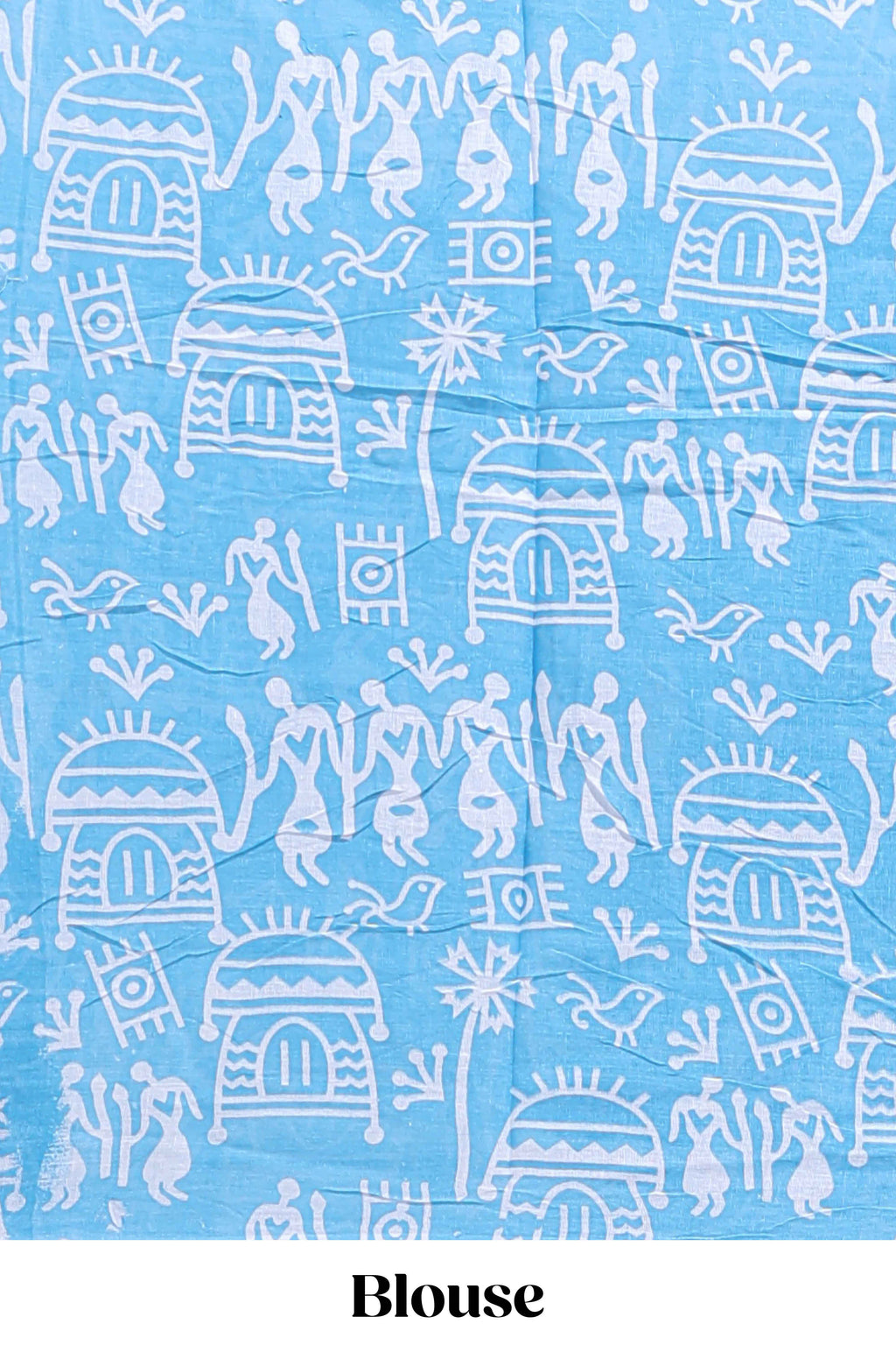 Blue butterfly motifs design mul mul cotton saree with self border and matching warli print blouse