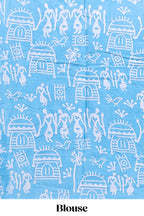 Blue butterfly motifs design mul mul cotton saree with self border and matching warli print blouse