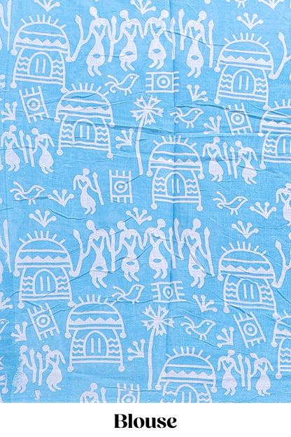 Blue butterfly motifs design mul mul cotton saree with self border and matching warli print blouse