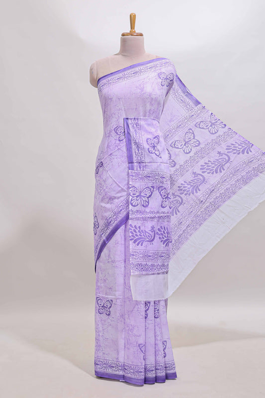 Lavender butterfly motifs design mul mul cotton saree with self border and matching warli print blouse