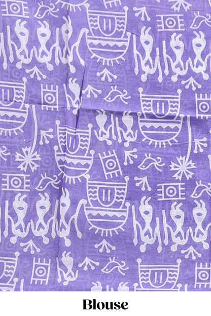 Lavender butterfly motifs design mul mul cotton saree with self border and matching warli print blouse