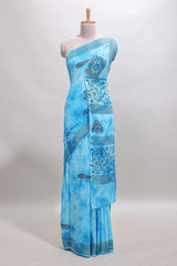 Blue shibori motifs design mul mul cotton saree with self border and matching blouse