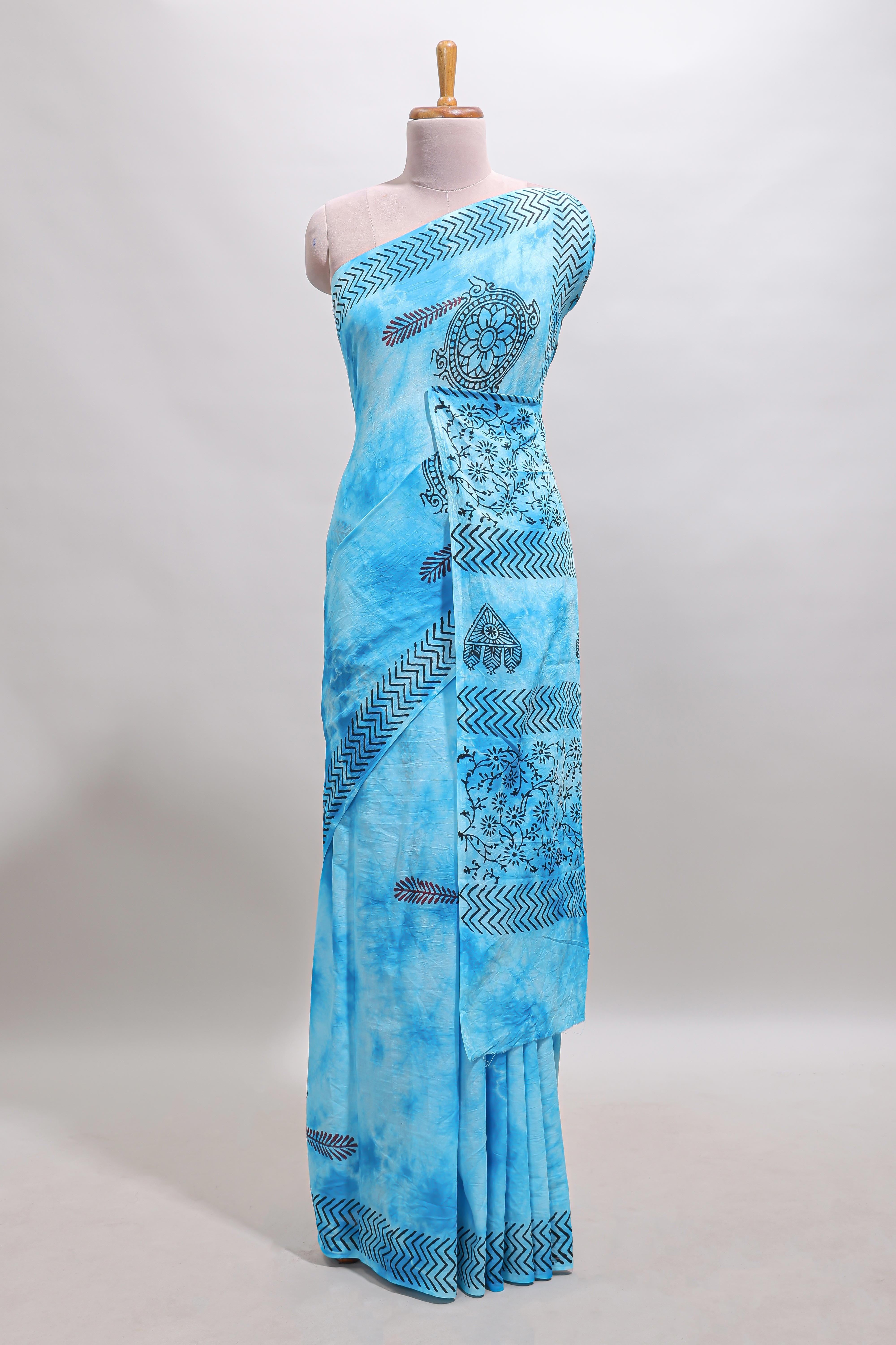 Blue shibori motifs design mul mul cotton saree with self border and matching blouse