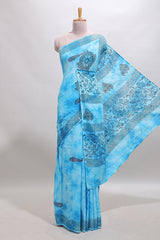 Blue shibori motifs design mul mul cotton saree with self border and matching blouse