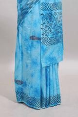 Blue shibori motifs design mul mul cotton saree with self border and matching blouse