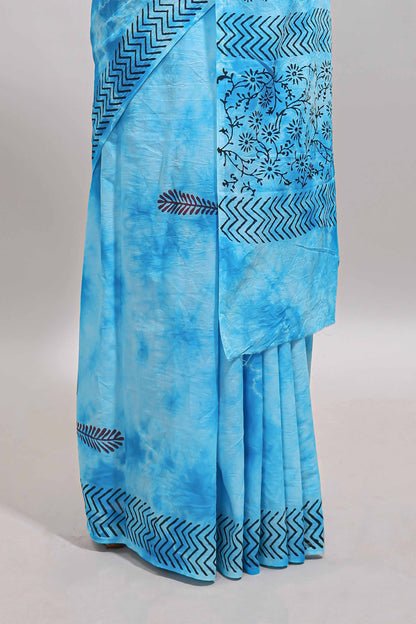 Blue shibori motifs design mul mul cotton saree with self border and matching blouse
