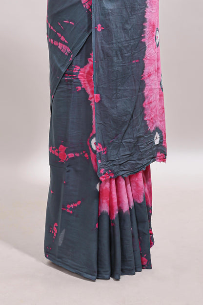 Pink shibori print motifs mul mul cotton saree with contrast  border and blouse