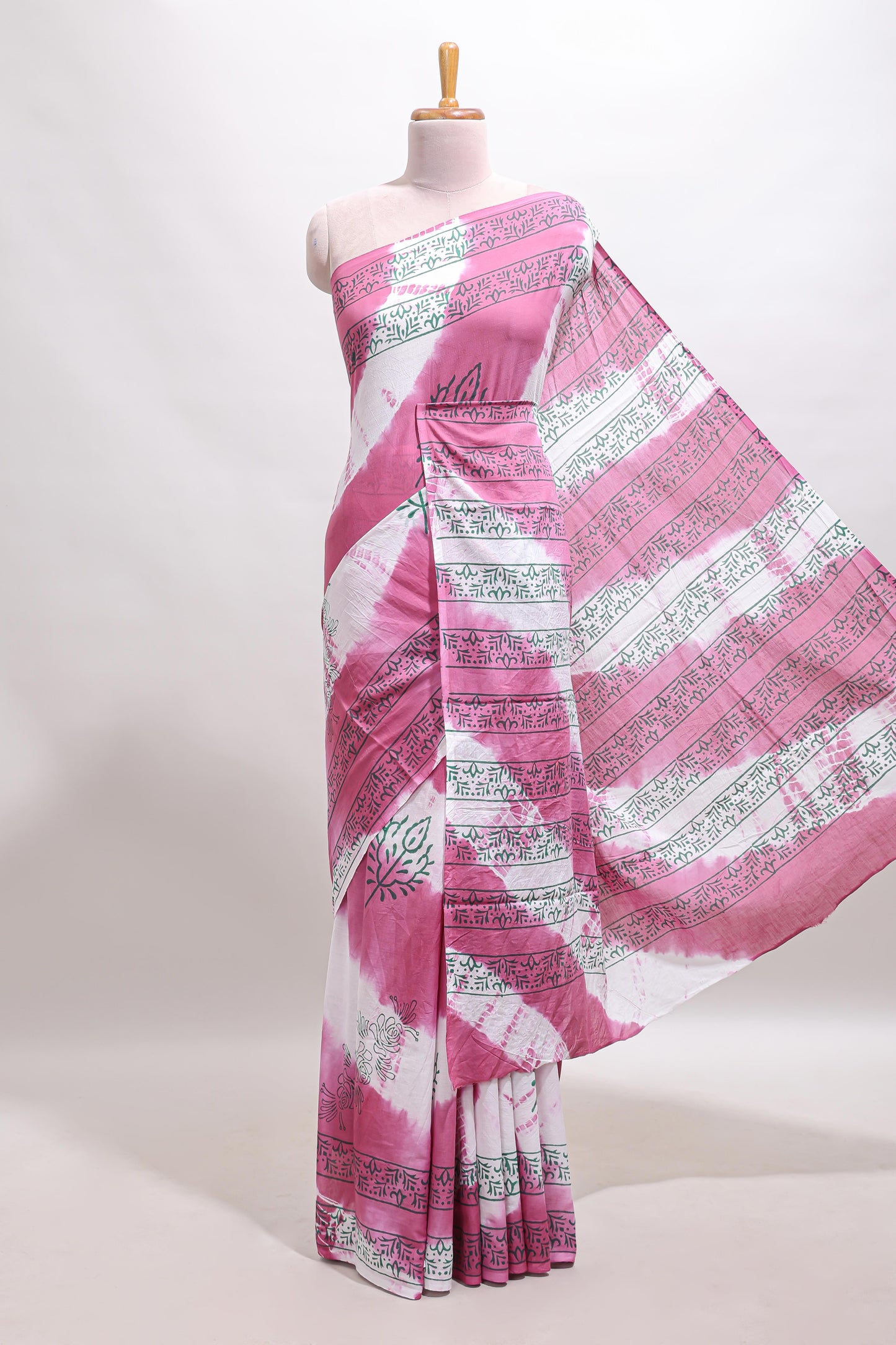 Pink & cream floral shibori print motifs mul mul cotton saree with self  border and matching blouse