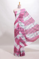 Pink & cream floral shibori print motifs mul mul cotton saree with selfborder and matching blouse