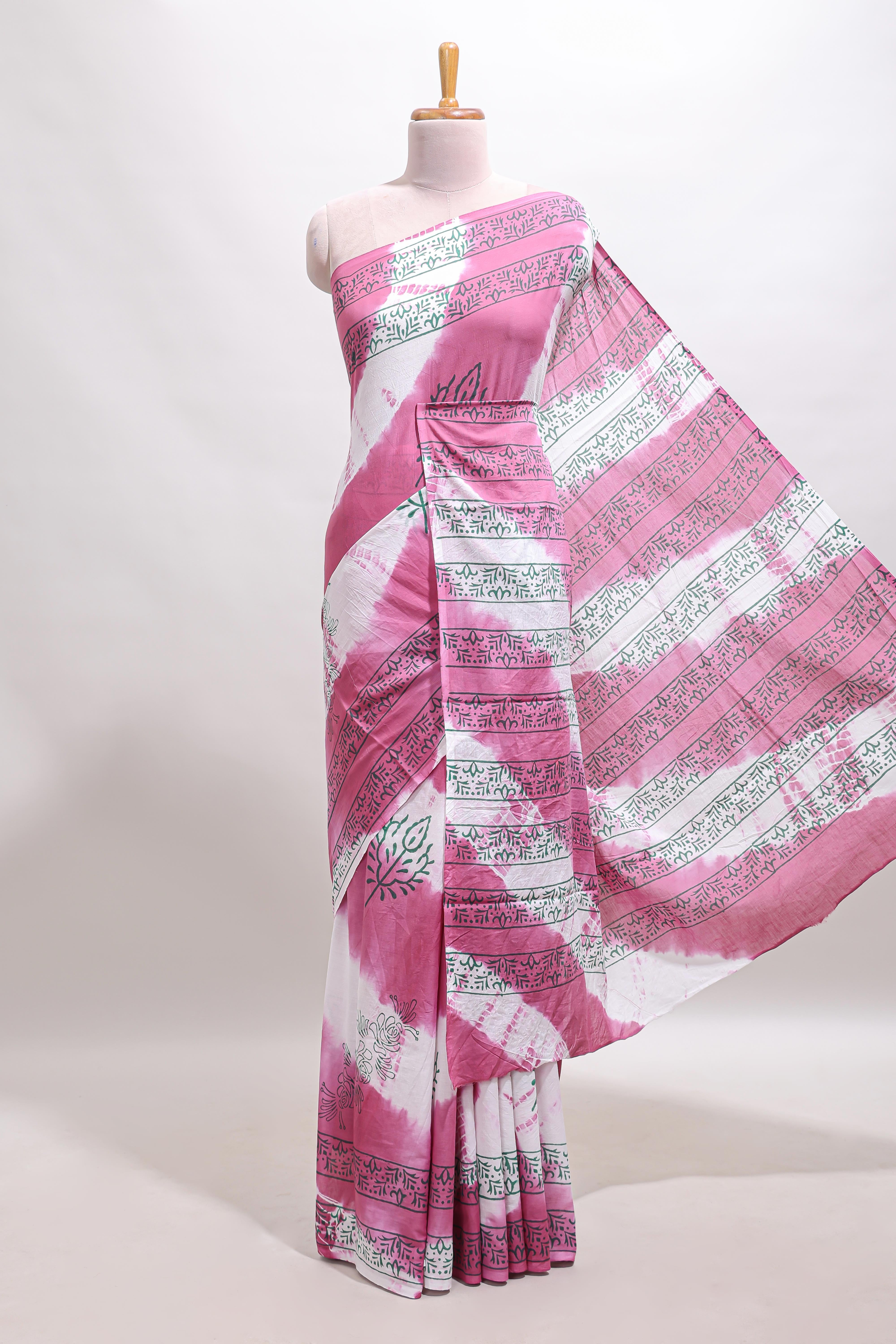 Pink & cream floral shibori print motifs mul mul cotton saree with selfborder and matching blouse