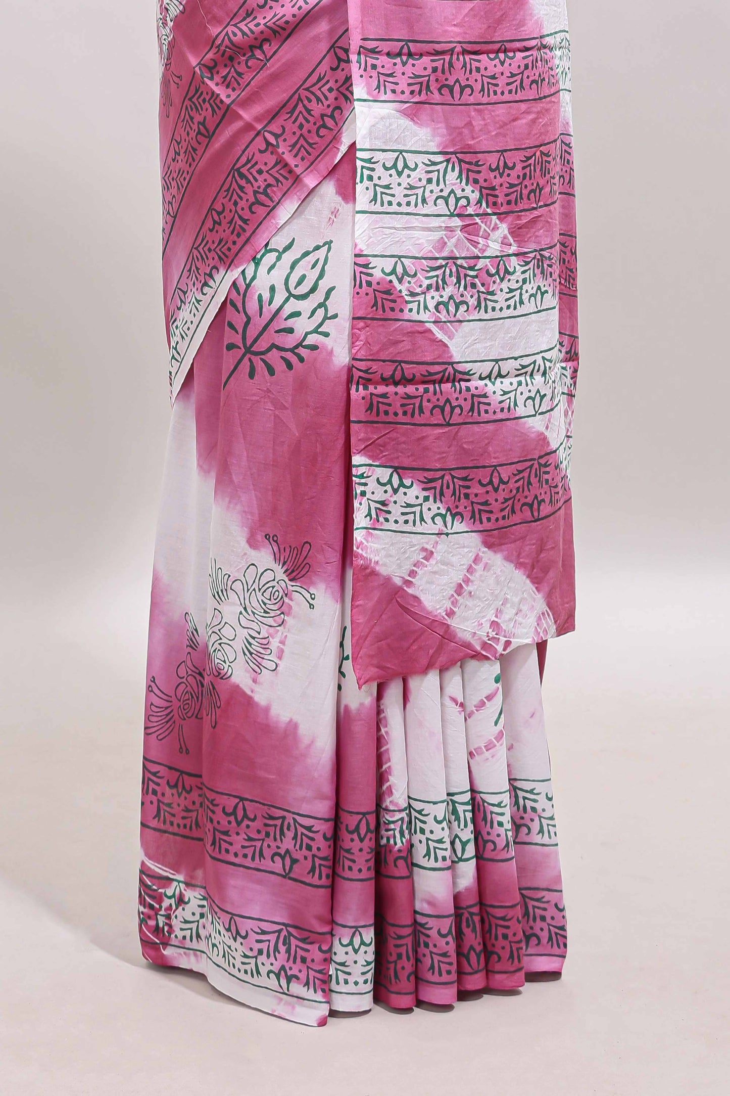 Pink & cream floral shibori print motifs mul mul cotton saree with self  border and matching blouse