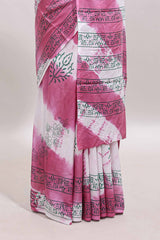 Pink & cream floral shibori print motifs mul mul cotton saree with selfborder and matching blouse