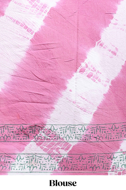 Pink & cream floral shibori print motifs mul mul cotton saree with self  border and matching blouse