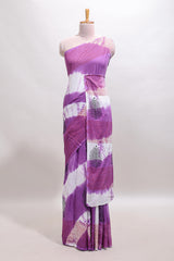 Lavender & cream floral shibori print motifs mul mul cotton saree with selfborder and matching blouse