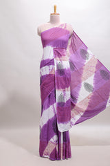 Lavender & cream floral shibori print motifs mul mul cotton saree with selfborder and matching blouse