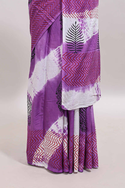 Lavender & cream floral shibori print motifs mul mul cotton saree with self  border and matching blouse