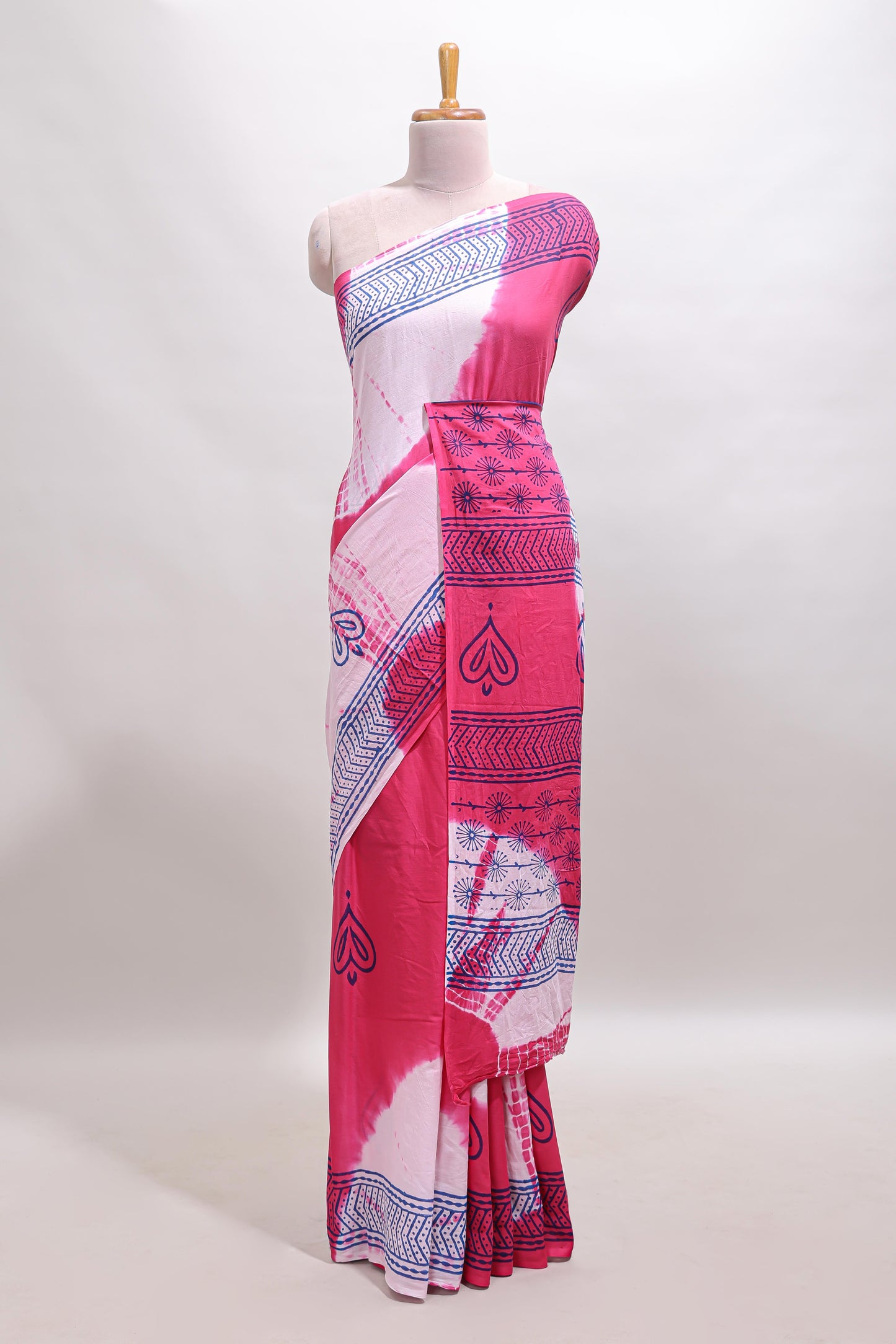 Pink & cream shibori print motifs mul mul cotton saree with self  border and matching blouse