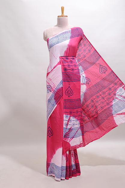 Pink & cream shibori print motifs mul mul cotton saree with self  border and matching blouse