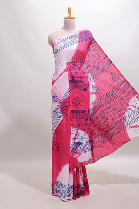Pink & cream shibori print motifs mul mul cotton saree with self  border and matching blouse