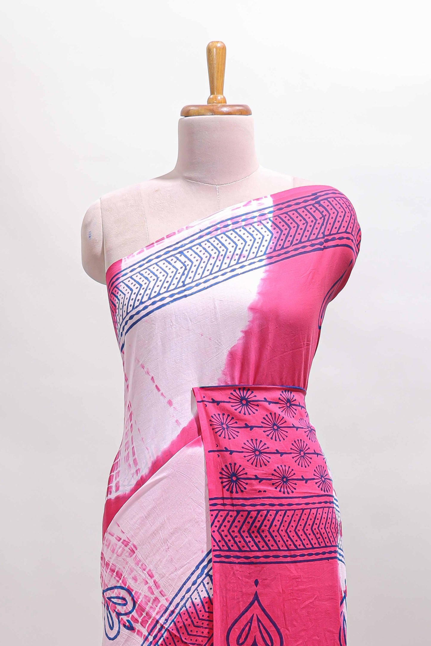 Pink & cream shibori print motifs mul mul cotton saree with self  border and matching blouse