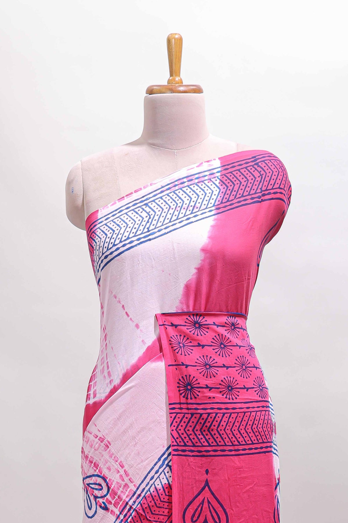 Pink & cream shibori print motifs mul mul cotton saree with self  border and matching blouse