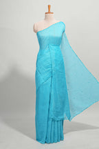 Blue mirror work embroidery design mul mul cotton saree with self scallop border and contrast multi color blouse