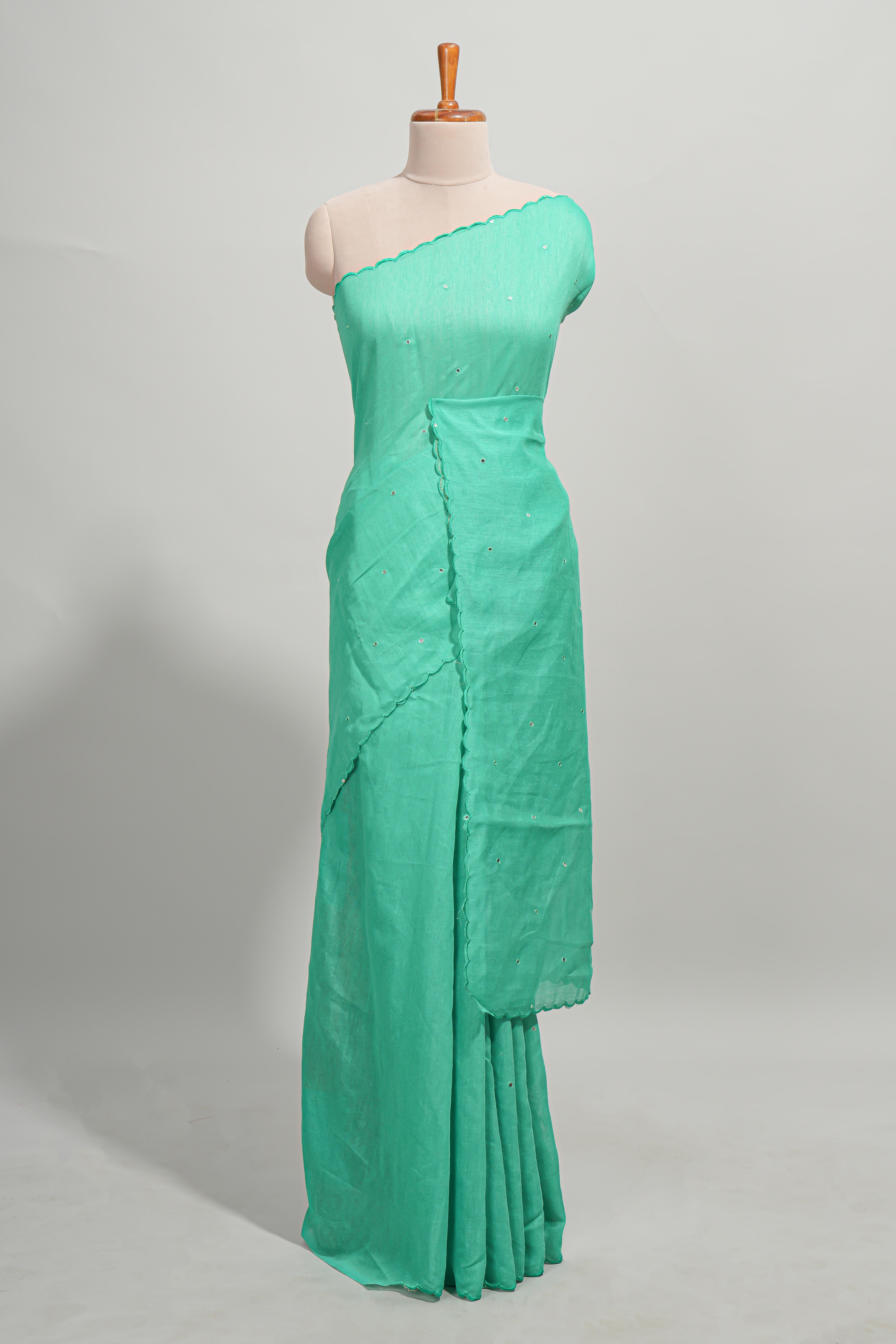 Green mirror work embroidery design mul mul cotton saree with self scallop border and contrast multi color blouse