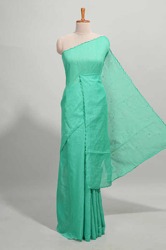 Green mirror work embroidery design mul mul cotton saree with self scallop border and contrast multi color blouse