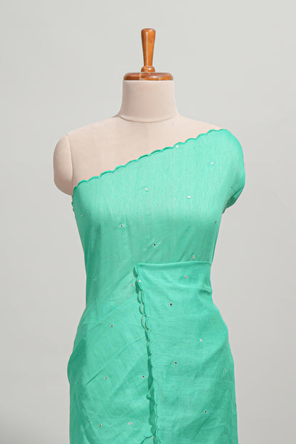 Green mirror work embroidery design mul mul cotton saree with self scallop border and contrast multi color blouse