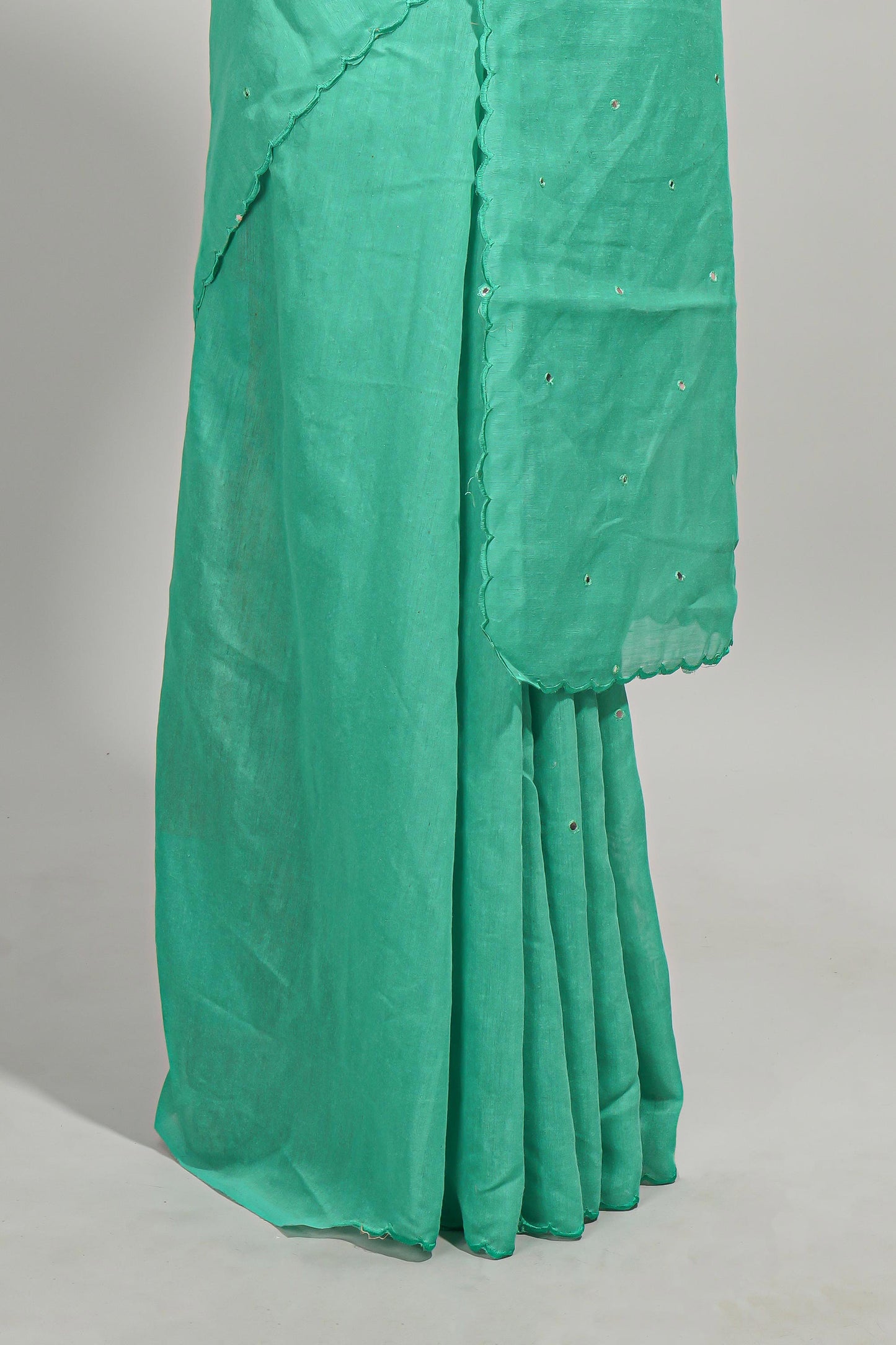Green mirror work embroidery design mul mul cotton saree with self scallop border and contrast multi color blouse