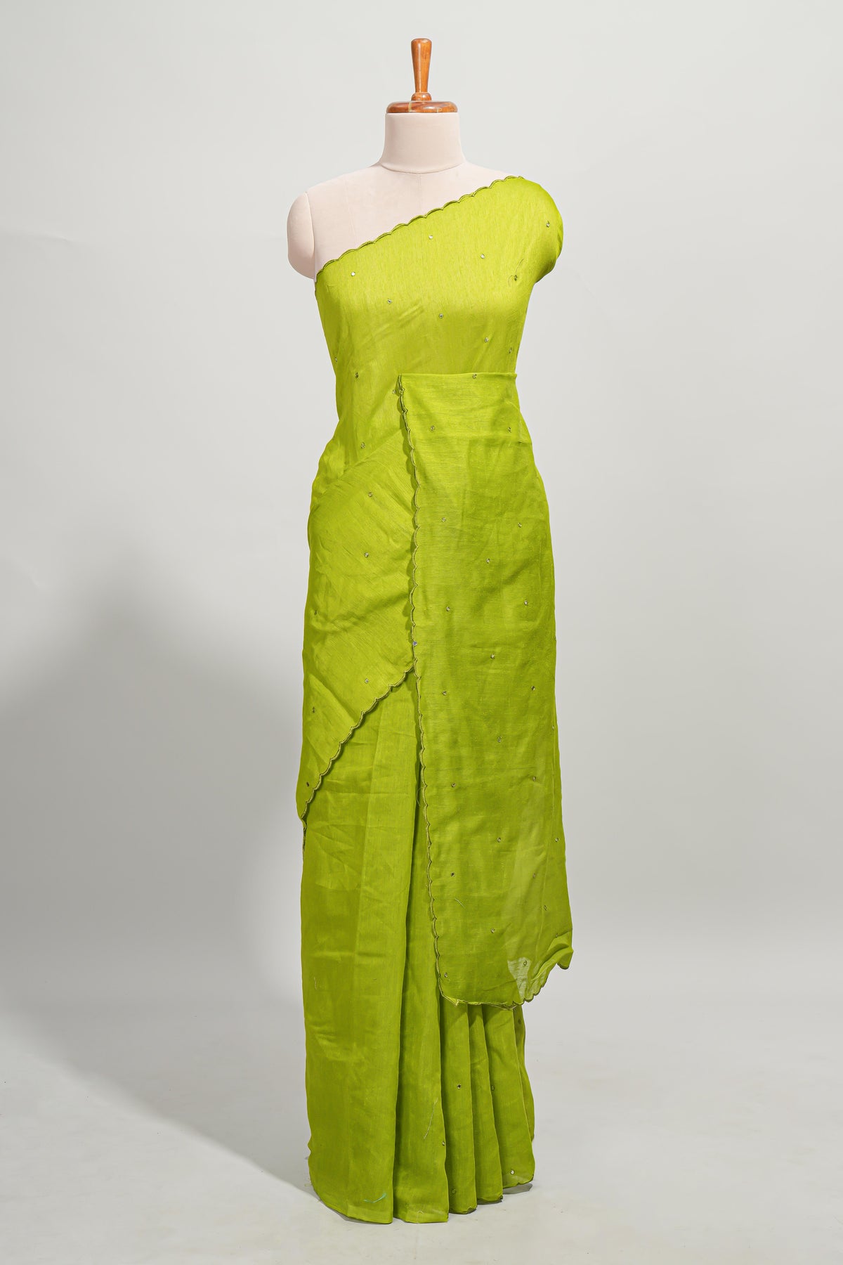 Lime green mirror work embroidery design mul mul cotton saree with self scallop border and contrast multi color blouse