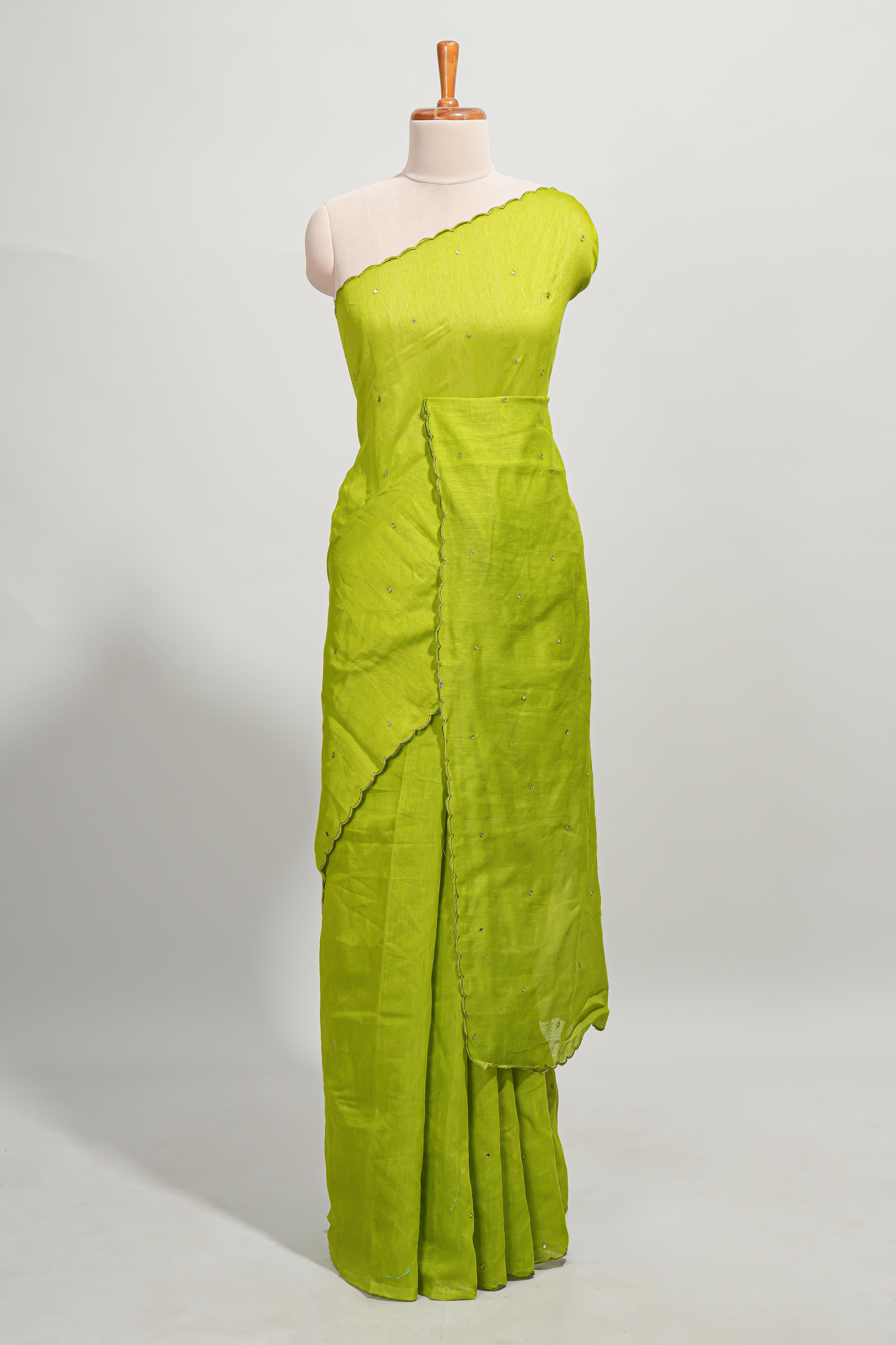 Lime green mirror work embroidery design mul mul cotton saree with self scallop border and contrast multi color blouse