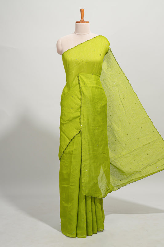 Lime green mirror work embroidery design mul mul cotton saree with self scallop border and contrast multi color blouse