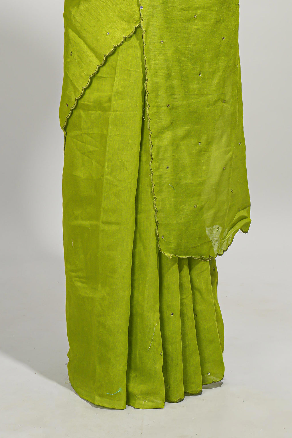 Lime green mirror work embroidery design mul mul cotton saree with self scallop border and contrast multi color blouse