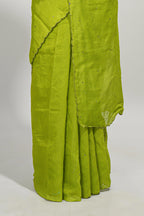 Lime green mirror work embroidery design mul mul cotton saree with self scallop border and contrast multi color blouse