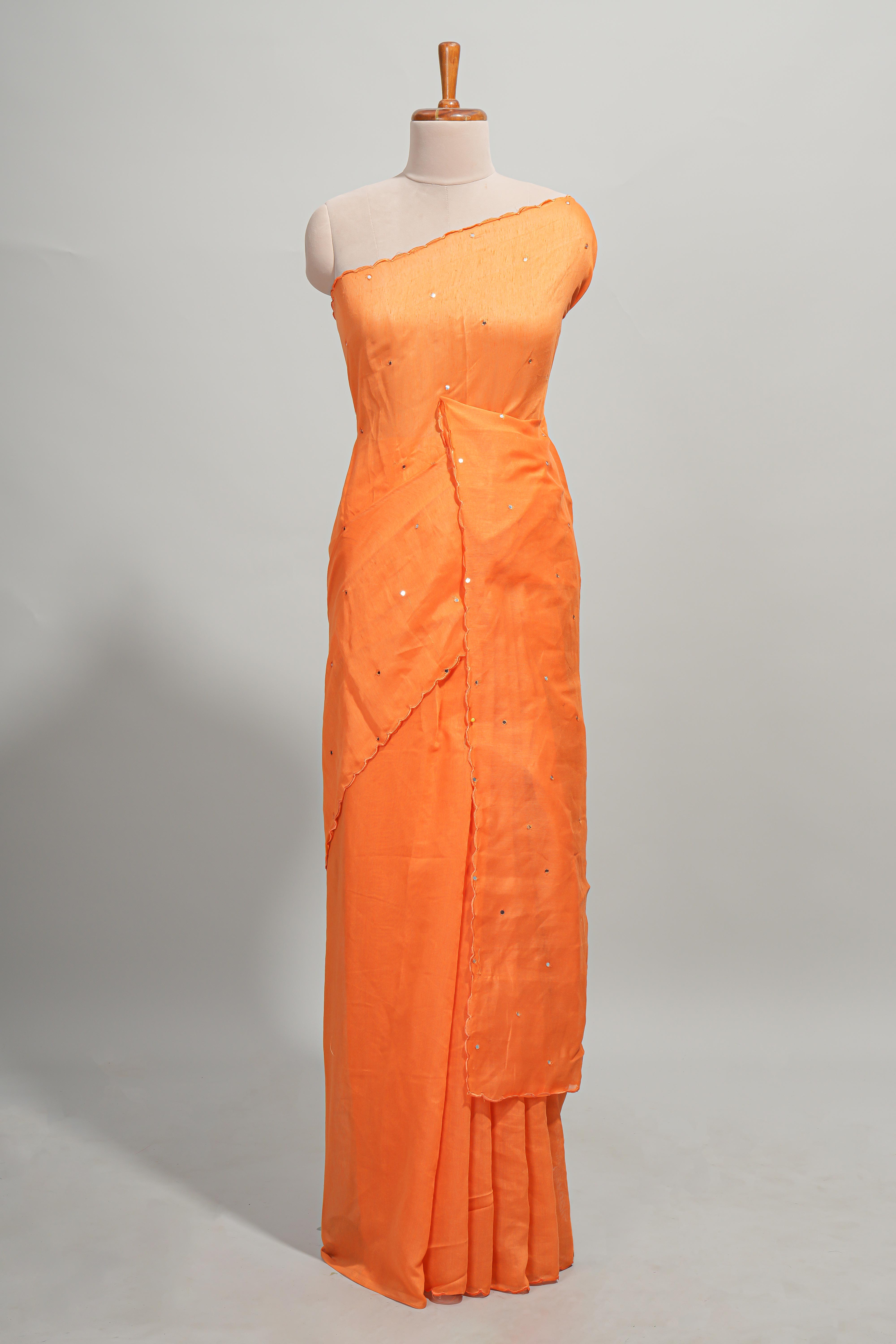 Orange green mirror work embroidery design mul mul cotton saree with self scallop border and contrast multi color blouse