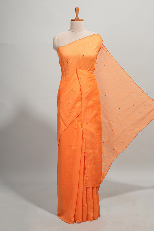 Orange green mirror work embroidery design mul mul cotton saree with self scallop border and contrast multi color blouse