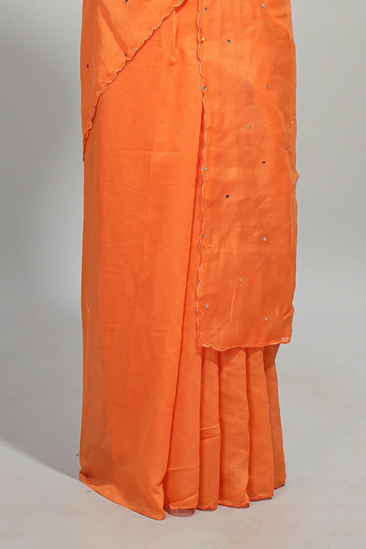 Orange green mirror work embroidery design mul mul cotton saree with self scallop border and contrast multi color blouse