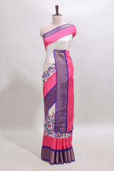 Pink & white zari striped floral design marsh mellow saree withcontrast zari border and blouse