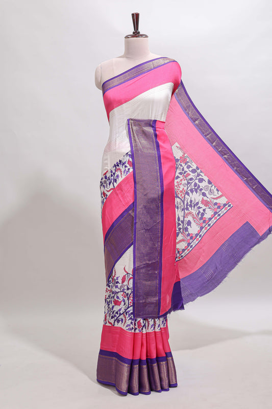 Pink & white zari striped floral design marsh mellow saree with  contrast zari border and blouse