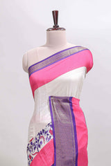 Pink & white zari striped floral design marsh mellow saree withcontrast zari border and blouse